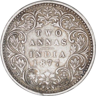 Silver Two Annas Coin of Victoria Empress of Bombay Mint of 1877.