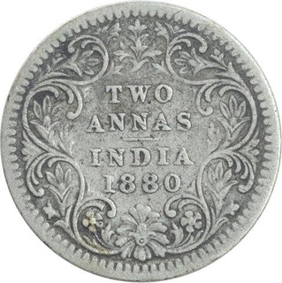 Silver Two Annas Coin of Victoria Empress of Calcutta Mint of 1880. 