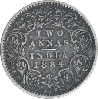 Silver Two Annas Coin of Victoria Empress of Bombay Mint of 1884.