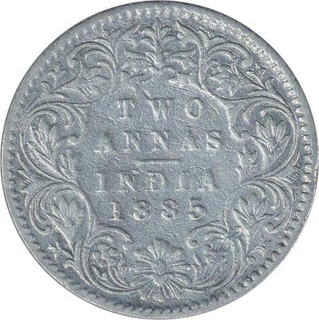 Silver Two Annas Coin of Victoria Empress of  Bombay Mint of 1885.