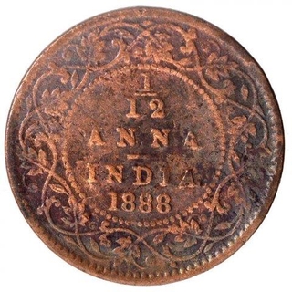 Copper One Twelfth Anna Coin of Victoria Empress of Calcutta Mint of 1888.