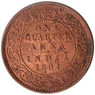 Copper One Quarter Anna Coin of Victoria Empress of Calcutta Mint of 1894.