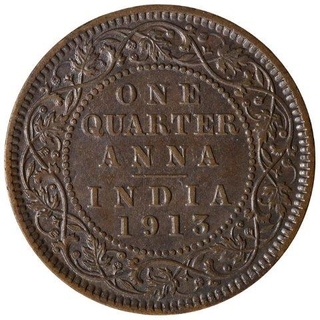 Copper One Quarter Anna Coin of King George V of Calcutta Mint of 1913.