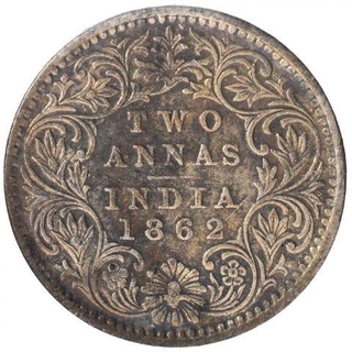 Silver Two Annas Coin of Victoria Queen of Bombay Mint of 1862.