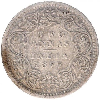 Silver Two Annas Coin of Victoria Empress of Bombay Mint of 1877.