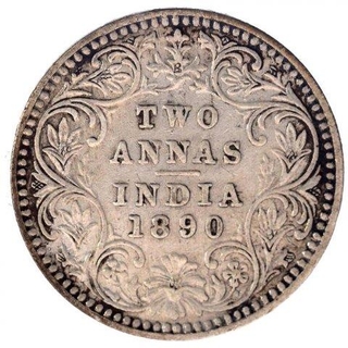 Silver Two Annas Coin of Victoria Empress of Bombay Mint of 1890.