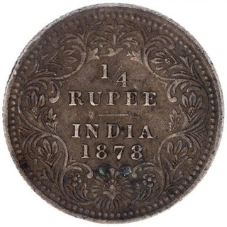 Silver Quarter Rupee Coin of Victoria Empress of Calcutta Mint of 1878.