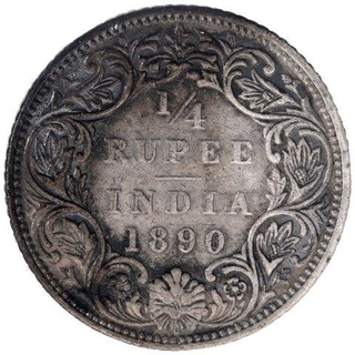 Silver Quarter Rupee Coin of Victoria Empress of Bombay Mint of 1890.