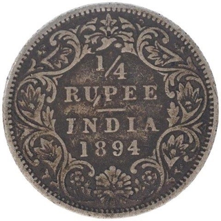 Silver Quarter Rupee Coin of Victoria Empress of Bombay Mint of 1894.