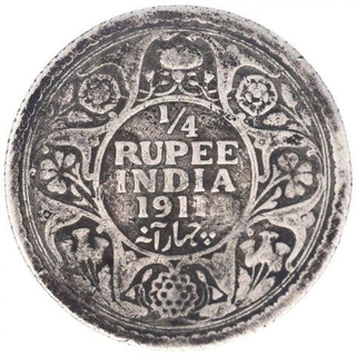 Silver Quarter Rupee Coin of King George V of Calcutta Mint of 1911.