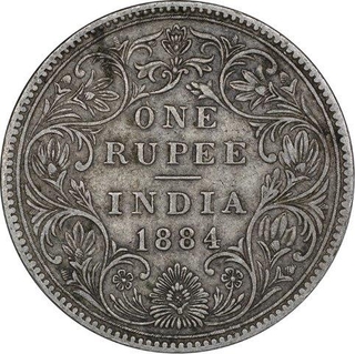 Silver One Rupee Coin of Victoria Empress of Bombay Mint of 1884.