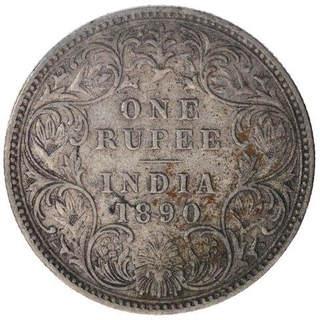 Silver One Rupee Coin of Victoria Empress of Bombay Mint of 1890.