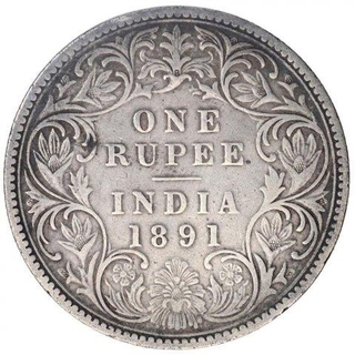 Silver One Rupee Coin of Victoria Empress of Bombay Mint of 1891.