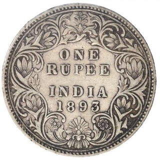 Silver One Rupee Coin of Victoria Empress of Bombay Mint of 1893.