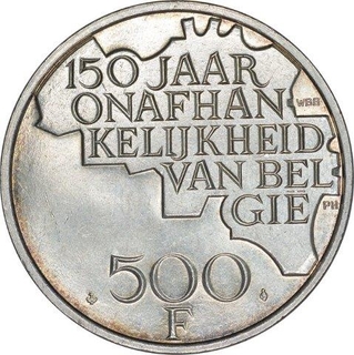 Silver Clad Cupro Nickel Five Hundred Francs Coin of 150th Anniversary of Independence of Belgium.