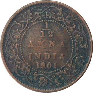 Copper One Twelfth Anna Coin of Victoria Empress of Calcutta Mint of 1901.