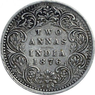 Silver Two Annas Coin of Victoria Queen of Bombay Mint of 1876.