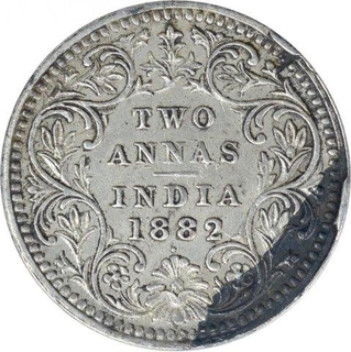 Silver Two Annas Coin of Victoria Empress of Bombay Mint of 1882.