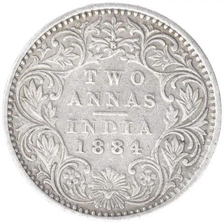 Silver Two Annas Coin of Victoria Empress of Bombay Mint of 1884.