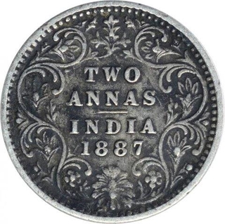 Silver Two Annas Coin of Victoria Empress of Bombay Mint of 1887.