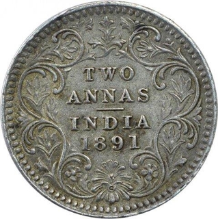 Silver Two Annas Coin of Victoria Empress of Calcutta Mint of 1891.