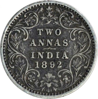 Silver Two Annas Coin of Victoria Empress of Bombay Mint of 1892.