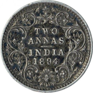 Silver Two Annas Coin of Victoria Empress of Bombay Mint of 1894.