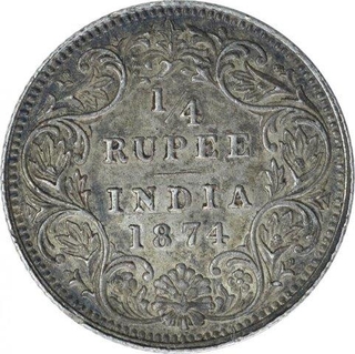 Silver Quarter Rupee Coin of Victoria Queen of Calcutta Mint of 1874.