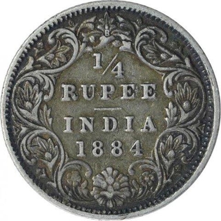 Silver Quarter Rupee Coin of Victoria Empress of Bombay Mint of 1884.