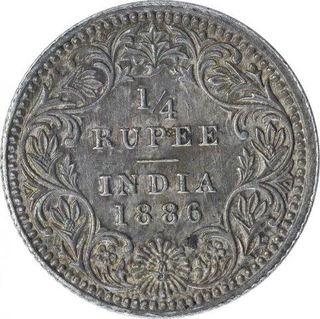 Silver Quarter Rupee Coin of Victoria Empress of Calcutta Mint of 1886.