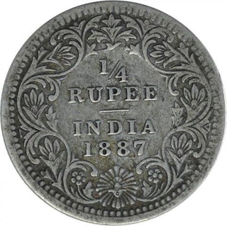 Silver Quarter Rupee Coin of Victoria Empress of Calcutta Mint of 1887.