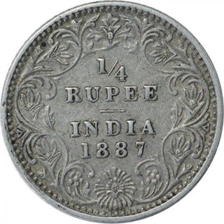 Silver Quarter Rupee Coin of Victoria Empress of Bombay Mint of 1887.