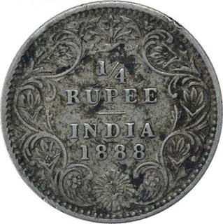 Silver Quarter Rupee Coin of Victoria Empress of Bombay Mint of 1888.