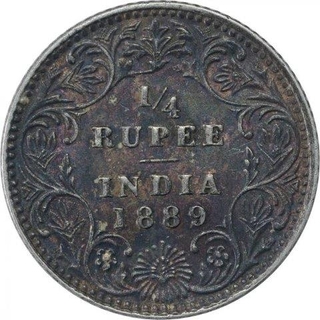 Silver Quarter Rupee Coin of Victoria Empress of Bombay Mint of 1889.