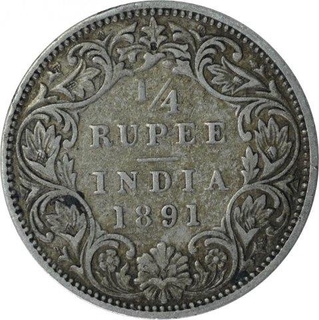 Silver Quarter Rupee Coin of Victoria Empress of Bombay Mint of 1891.