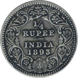 Silver Quarter Rupee Coin of Victoria Empress of Calcutta Mint of 1893.