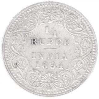 Silver One Quarter Rupee Coin of Victoria Empress of Calcutta Mint of 1894.