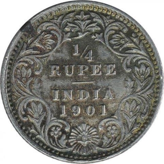 Silver One Quarter Rupee Coin of Victoria Empress of Calcutta Mint of 1901.