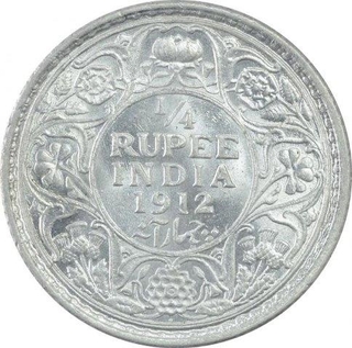 Silver One Quarter Rupee Coin of King George V of Bombay Mint of 1912.