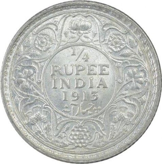 Silver One Quarter Rupee Coin of King George V of Calcutta Mint of 1913.