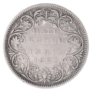 Silver Half Rupee Coin of Victoria Queen of Bombay Mint of 1862.