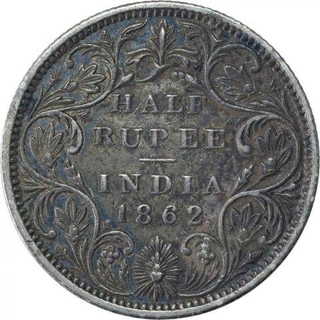 Silver Half Rupee Coin of Victoria Queen of Madras Mint of 1862.