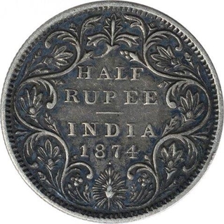 Silver Half Rupee Coin of Victoria Queen of Bombay Mint of 1874.