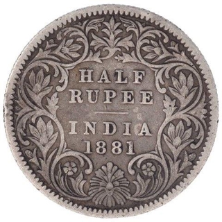 Silver Half Rupee Coin of Victoria Empress of Calcutta Mint of 1881.