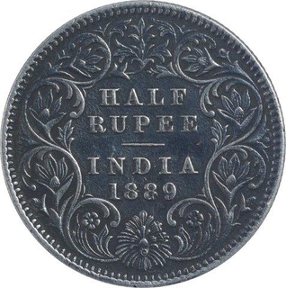 Silver Half Rupee Coin of Victoria Empress of Calcutta Mint of 1889.