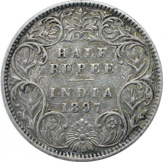 Silver Half Rupee Coin of Victoria Empress of Bombay Mint of 1897.