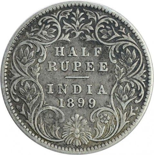 Silver Half Rupee Coin of Victoria Empress of Bombay Mint of 1899.