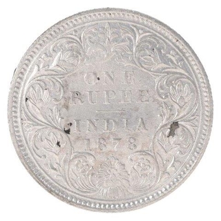 Silver One Rupee Coin of Victoria Empress of Bombay Mint of 1878.