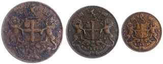 Set of Three Different Denomination Copper Coins of Madras Presidency.