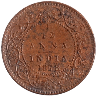 Copper One Twelfth Anna Coin of Victoria Empress of Calcutta Mint of 1878.